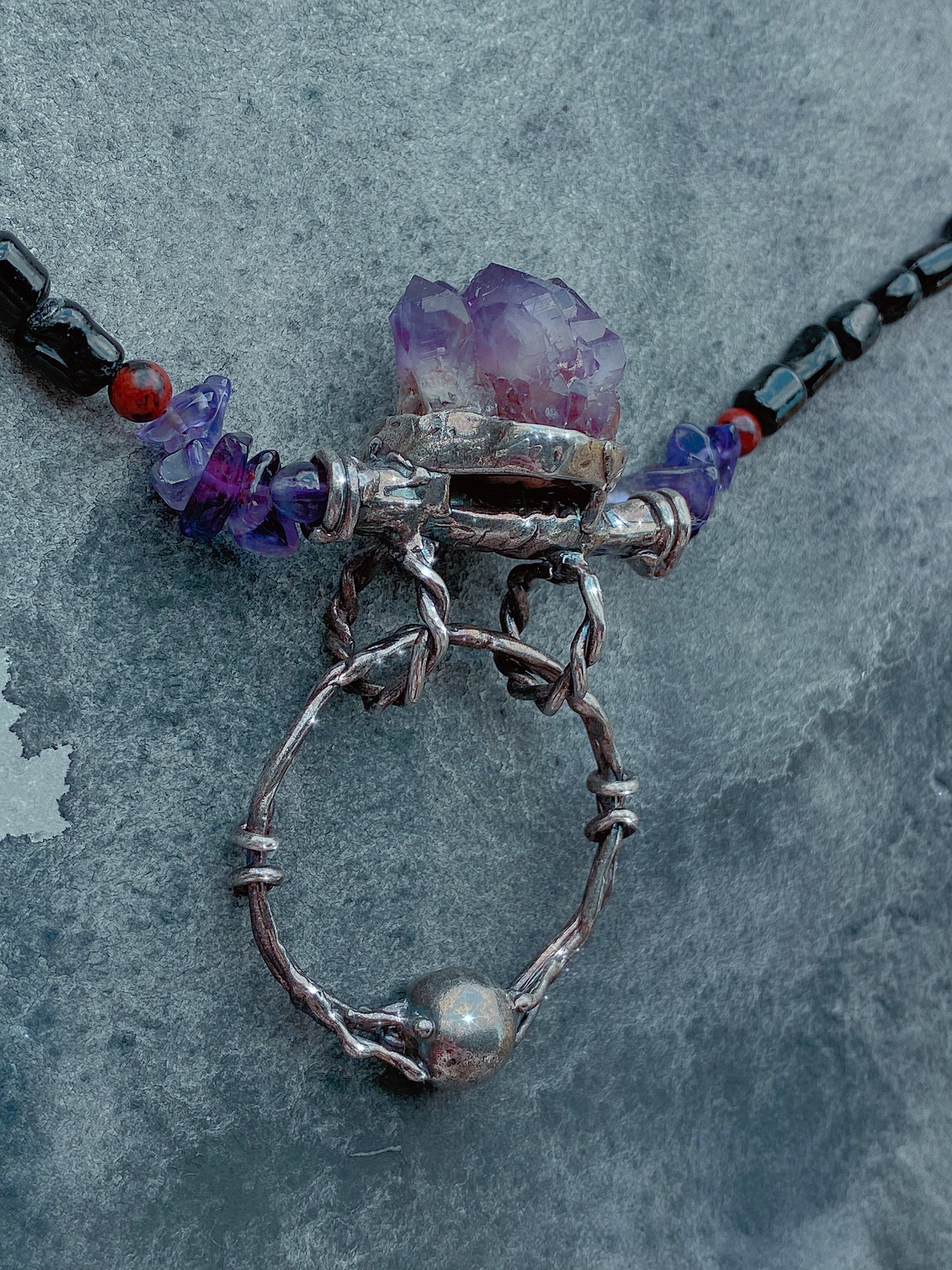 ꩜ volua talisman ꩜ amethyst with door knocker on mineral and lava aroma bead strand