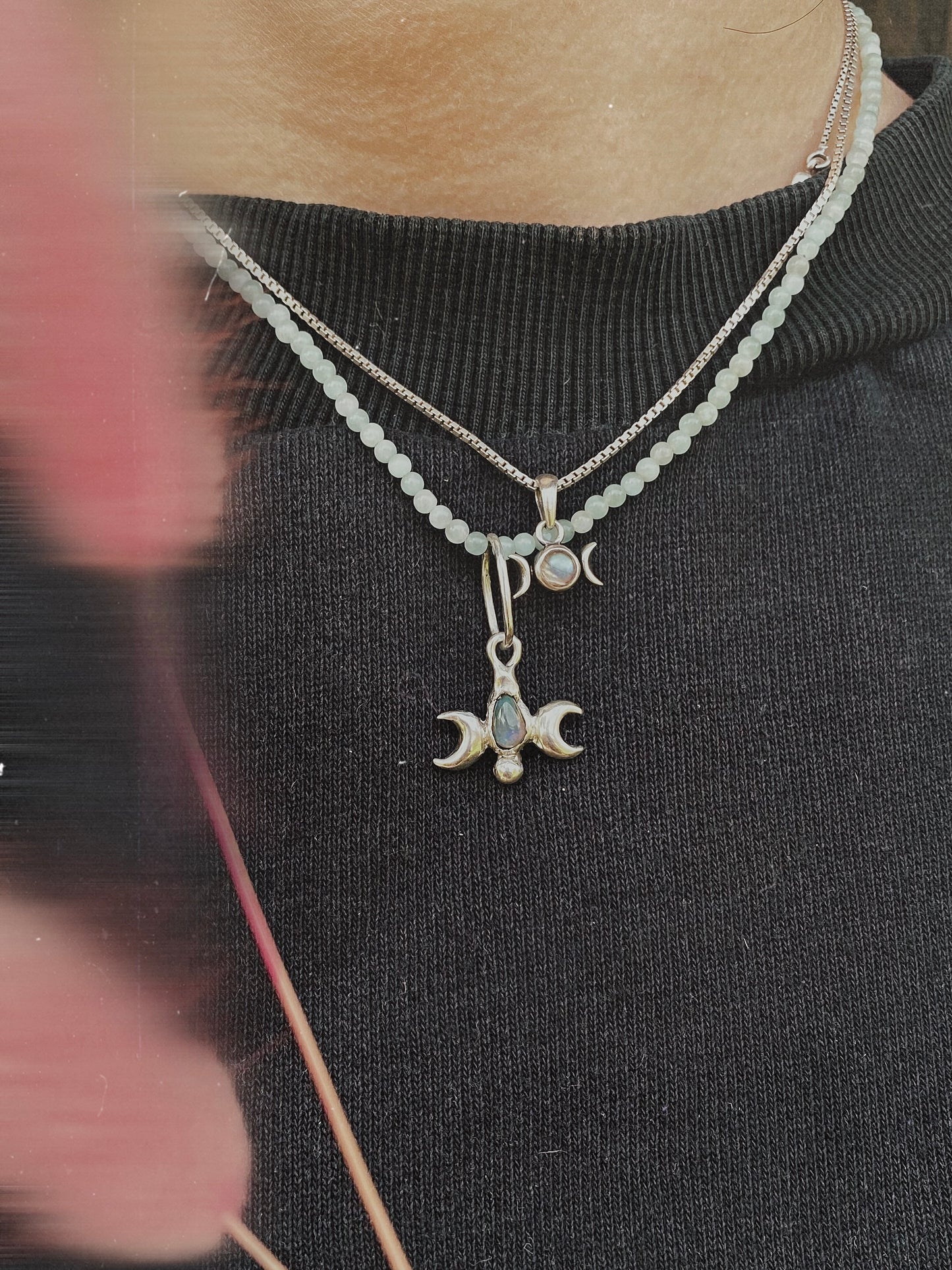 ꩜ volua ꩜ triple moon opal – unique silver triple moon opal necklace, handcrafted artisan design, mystical luxury heirloom gift
