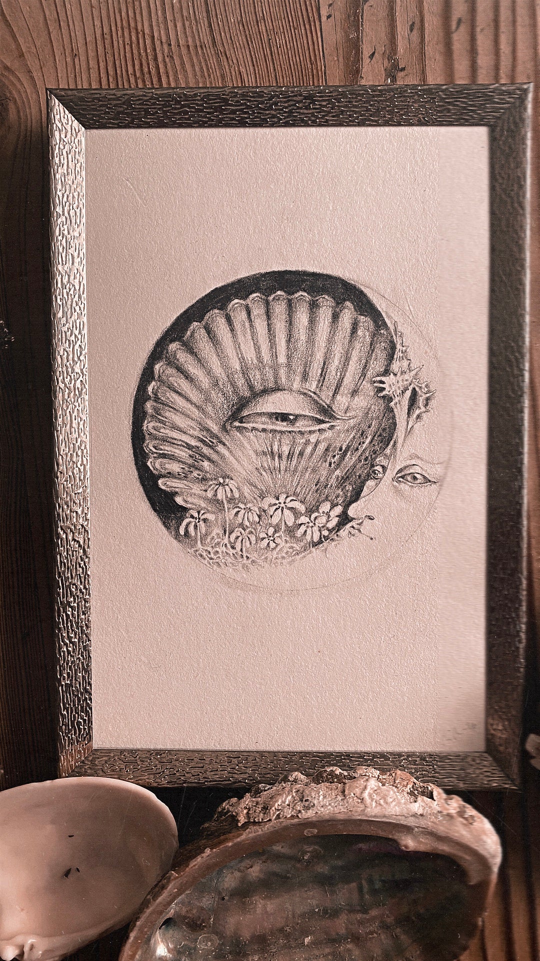 waxing crescent sea moon framed original drawing