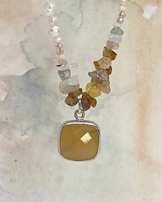 vintage faceted peach aventurine with freshwater pearls, sunstone, semiprecious rocks