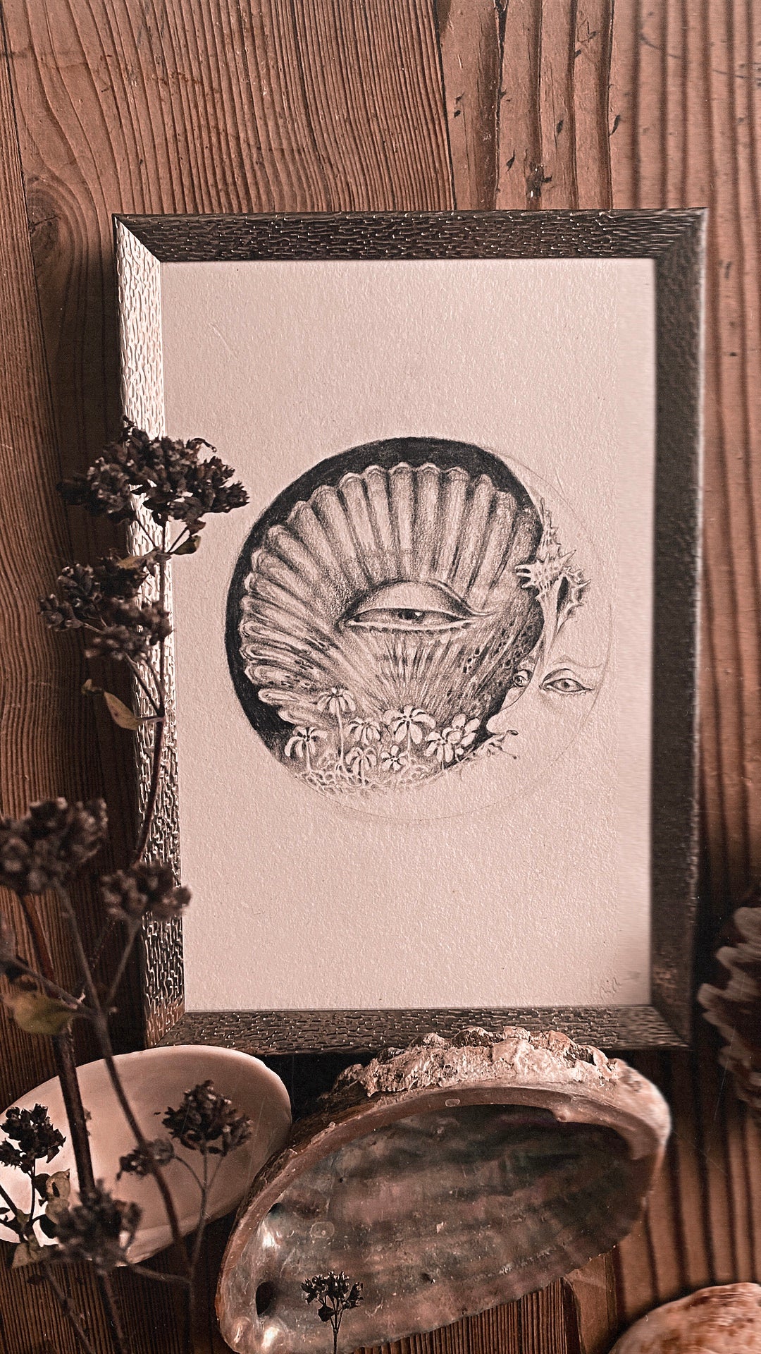 waxing crescent sea moon framed original drawing