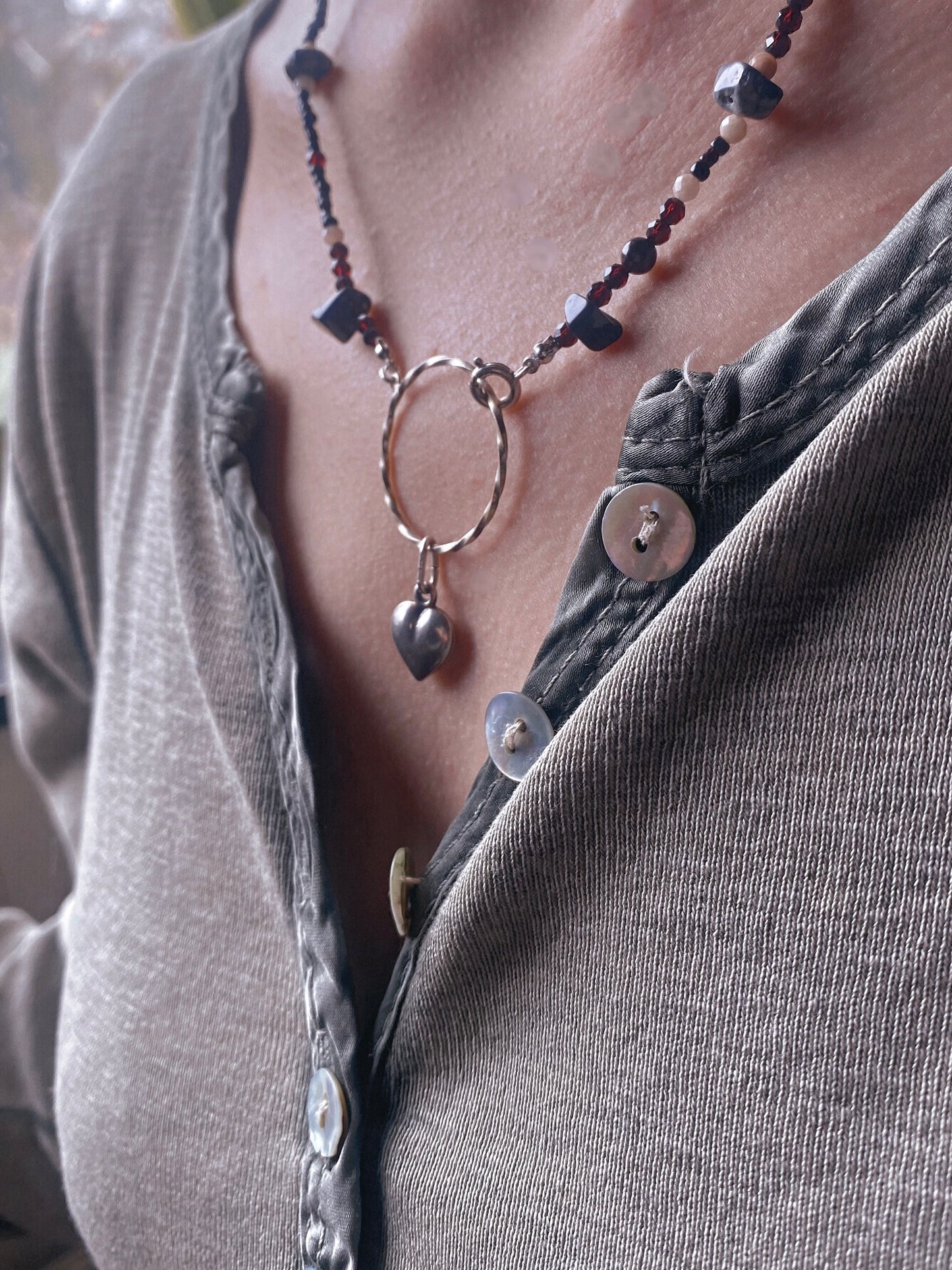 vintage silver heart circle with snowflake obsidian, garnet and sunstone