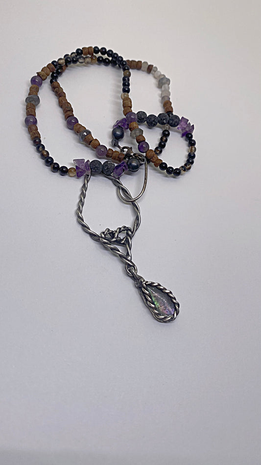 ꩜ volua ꩜ mother of pearl droplet on silver coils with labradorite, agate, obsidian