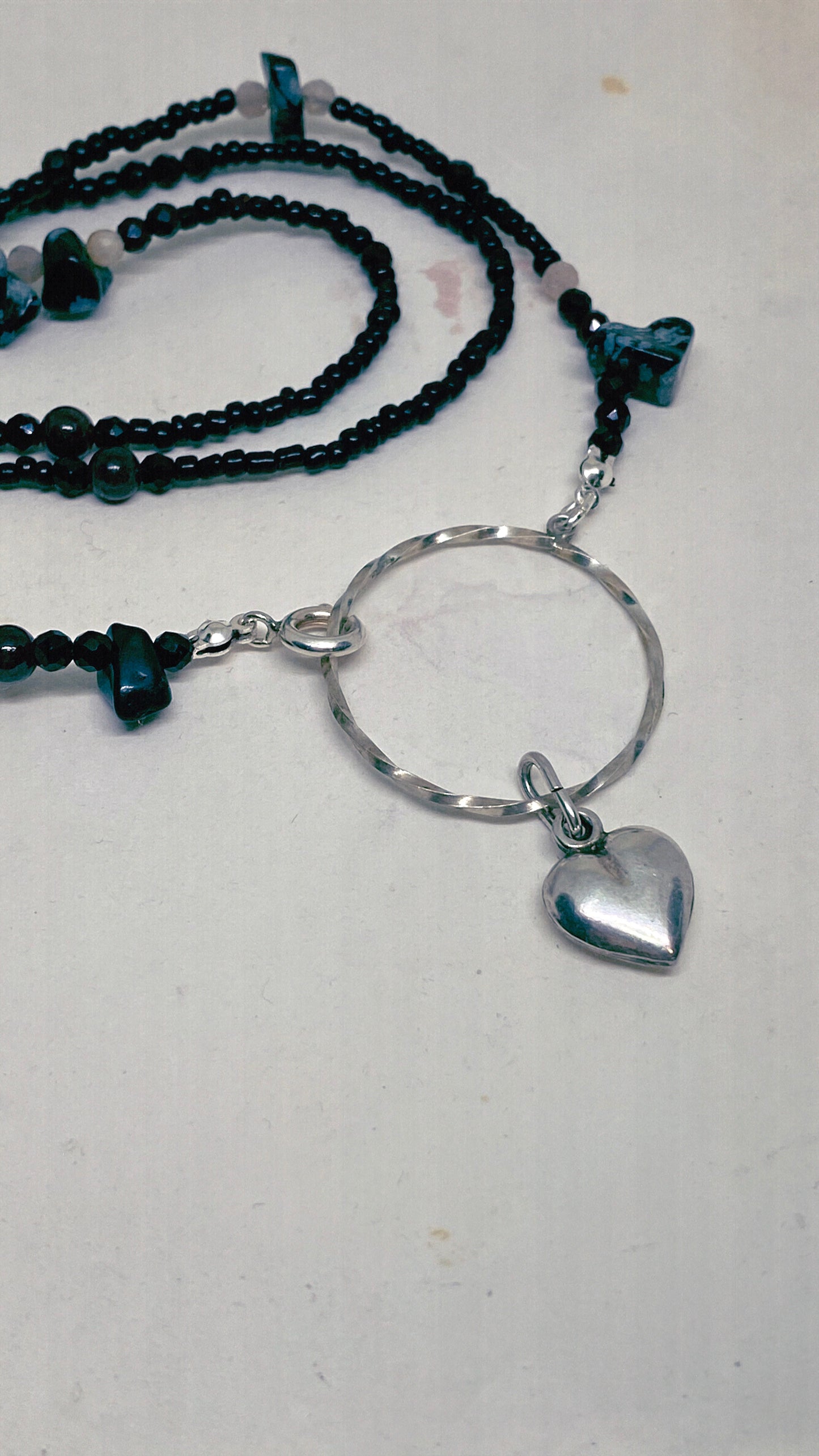 vintage silver heart circle with snowflake obsidian, garnet and sunstone