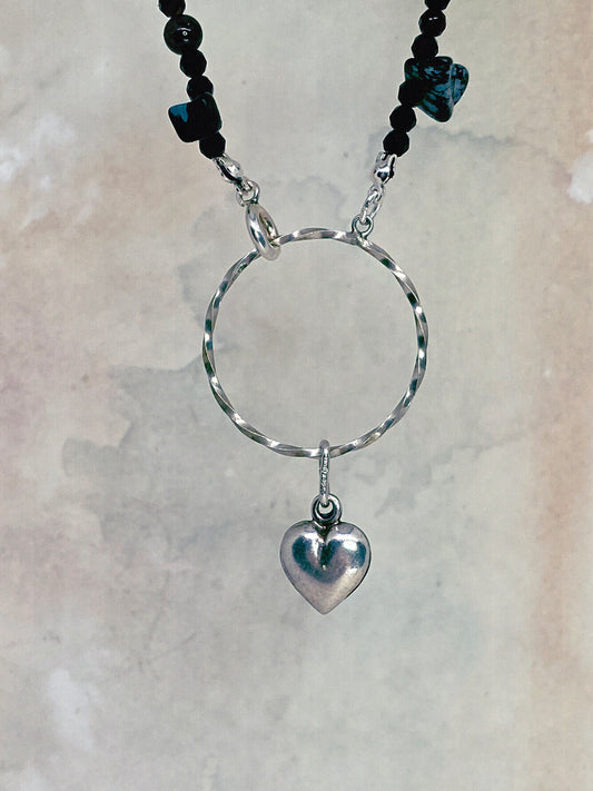 vintage silver heart circle with snowflake obsidian, garnet and sunstone