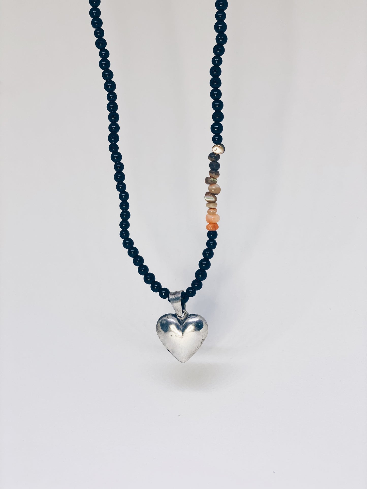 beaded vintage heart charm with agate and dark glass