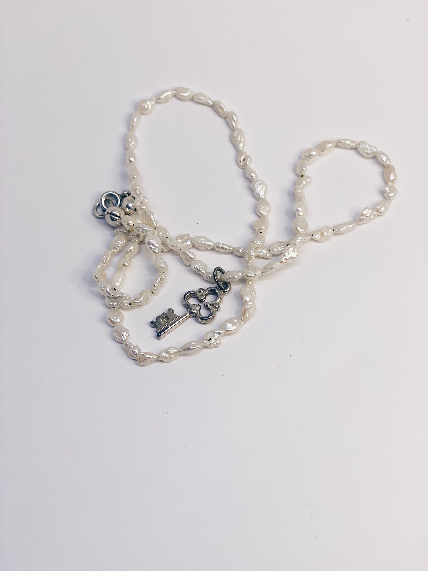 vintage key charm and fresh water pearl necklace