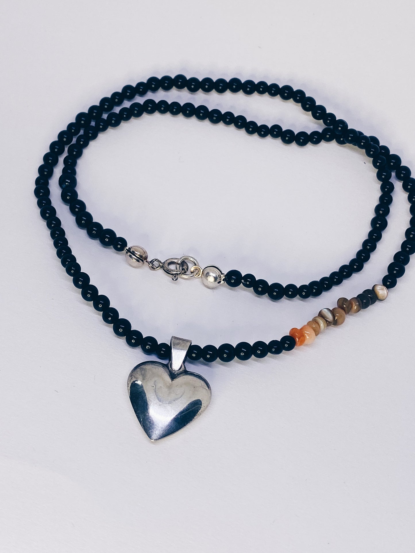 beaded vintage heart charm with agate and dark glass