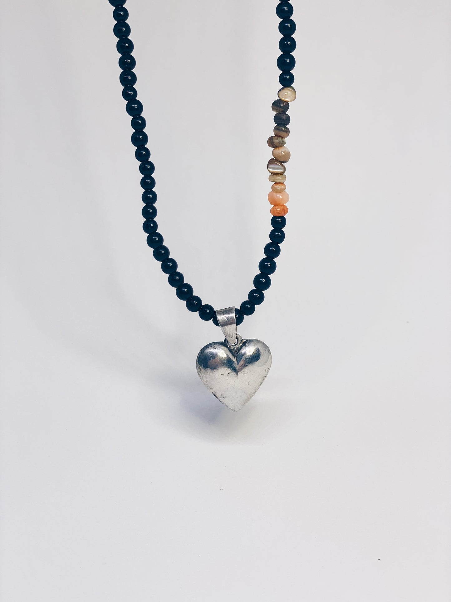 beaded vintage heart charm with agate and dark glass