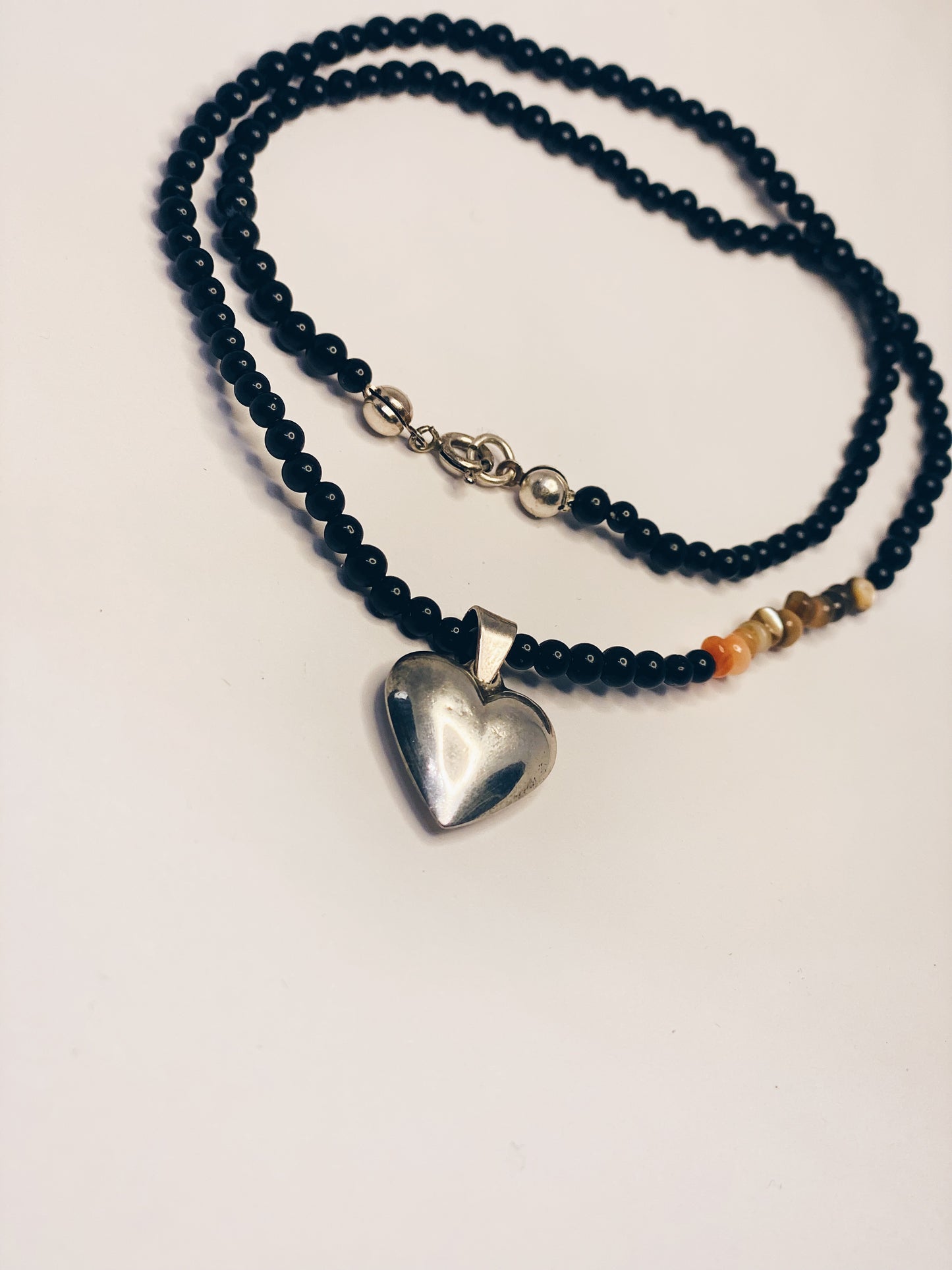 beaded vintage heart charm with agate and dark glass