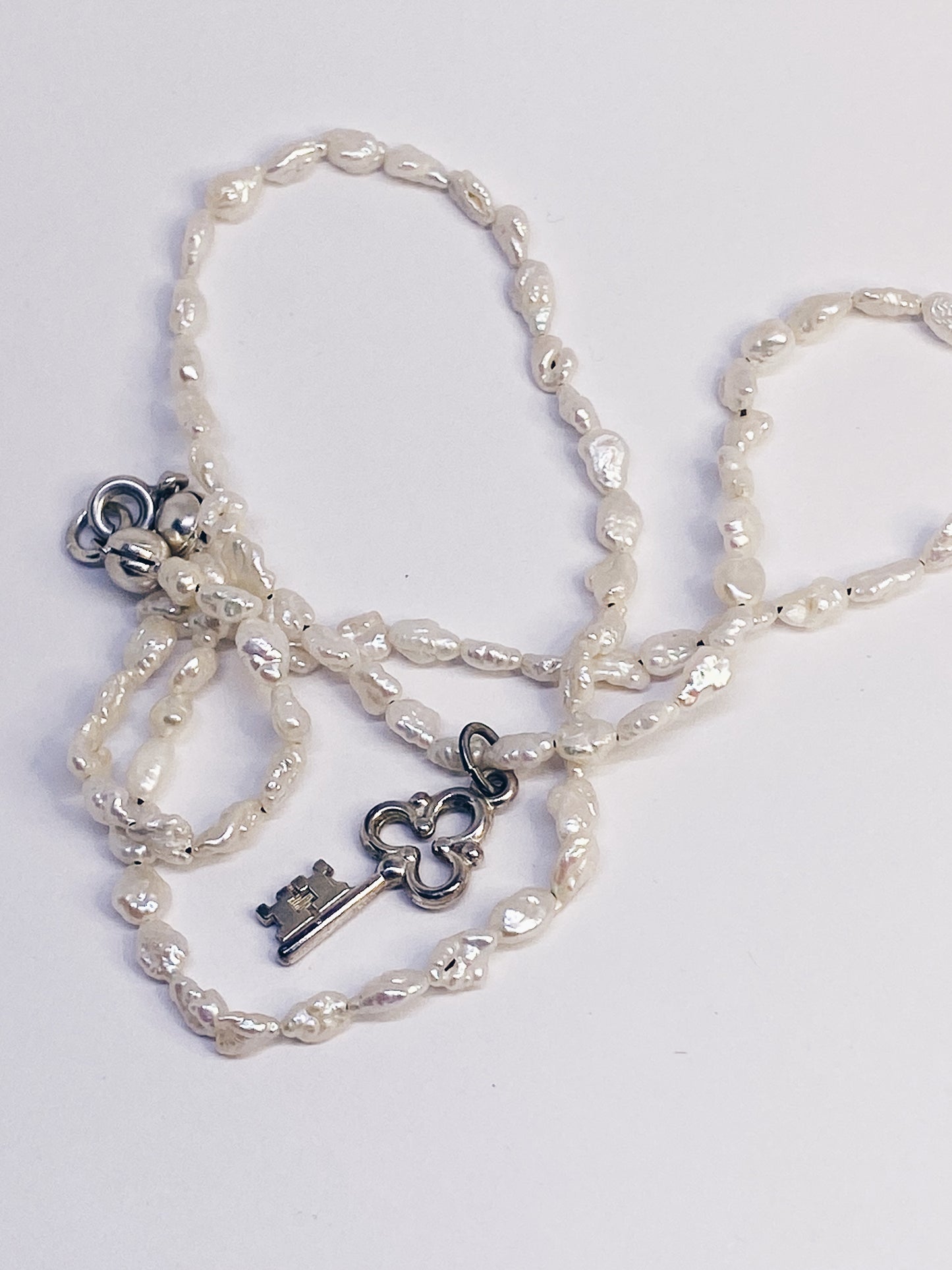 vintage key charm and fresh water pearl necklace