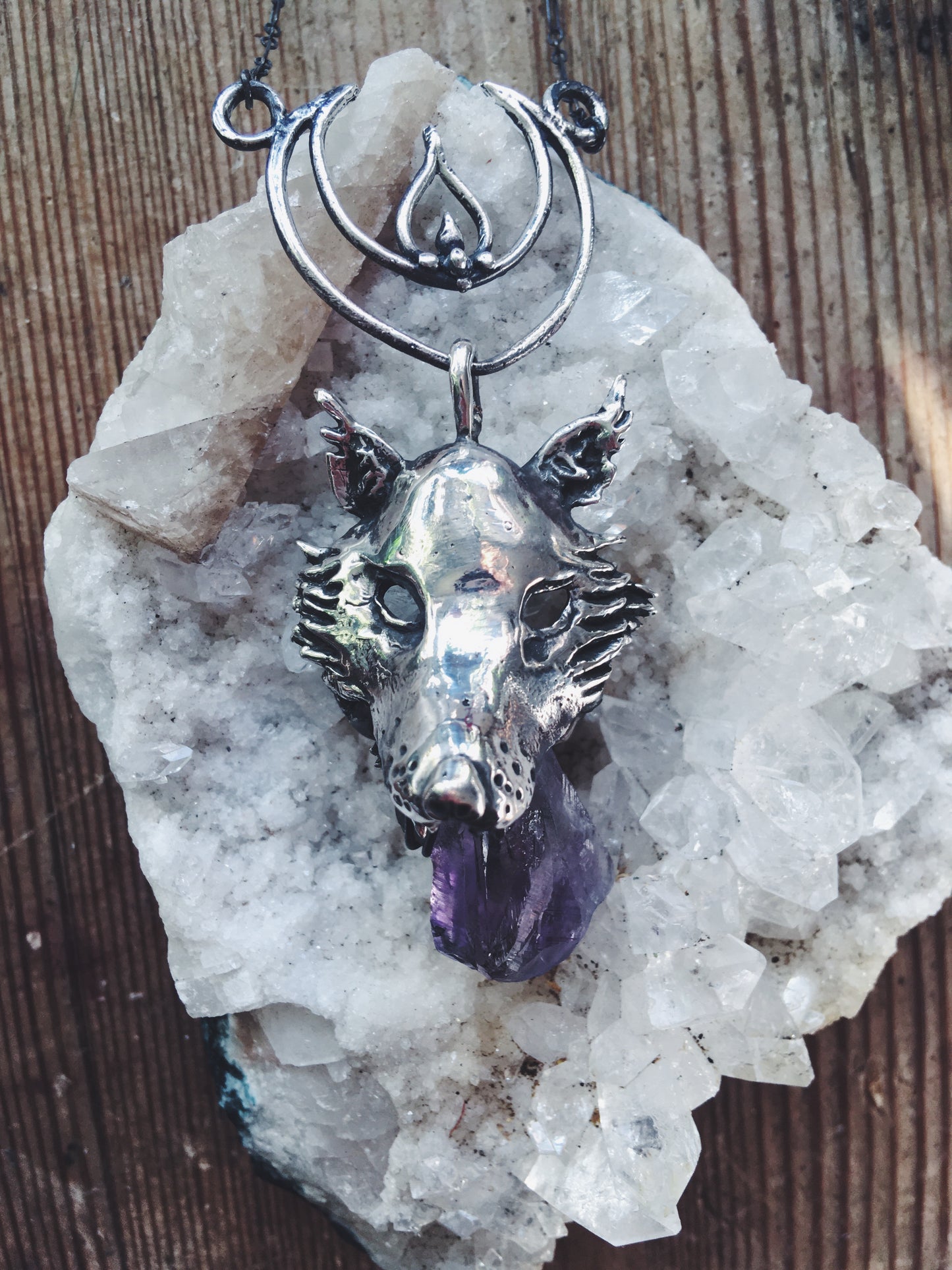 leucrocotta // silver moon wolf pendant with amethyst