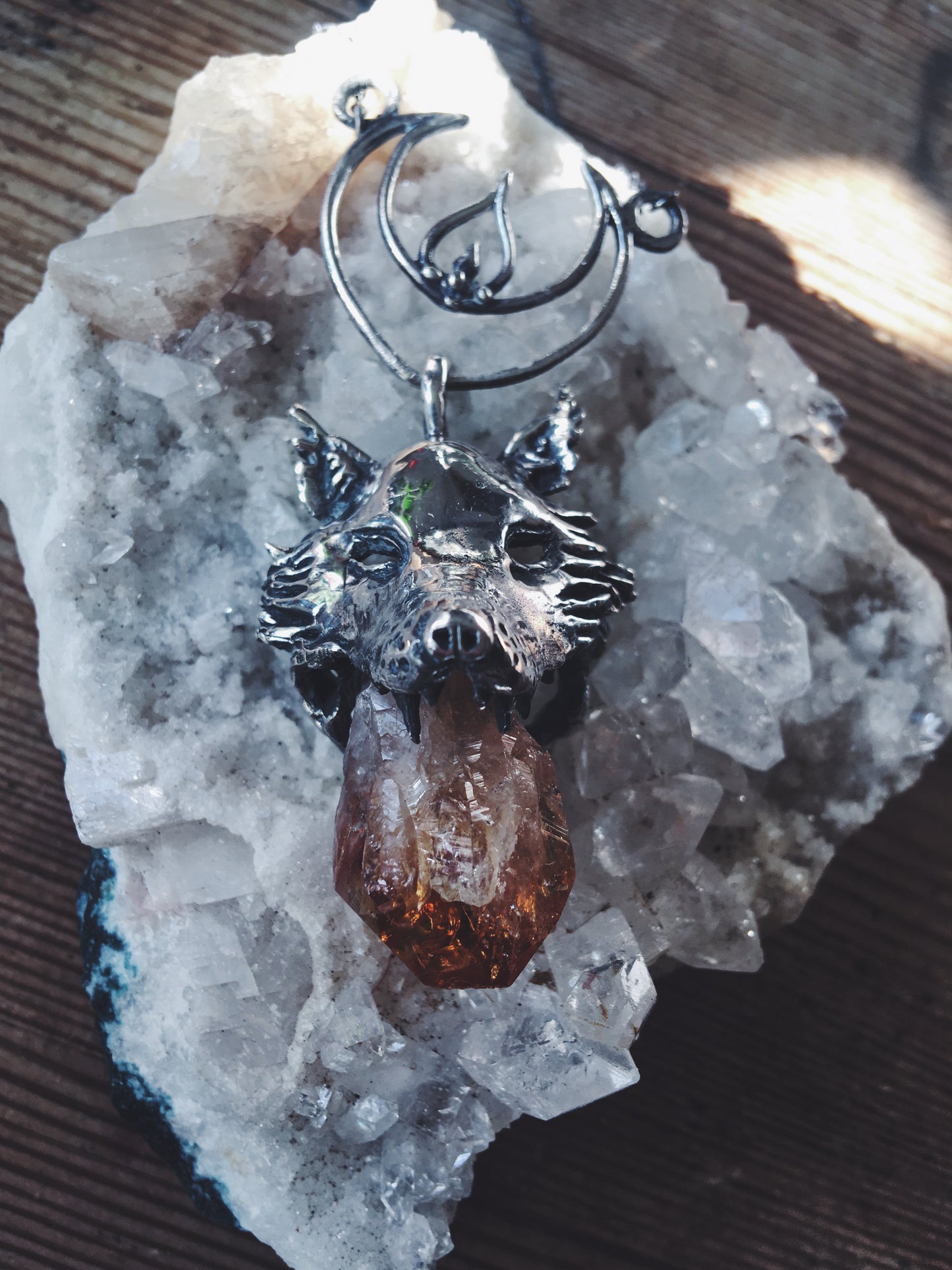 leucrocotta // silver moon wolf pendant with citrine